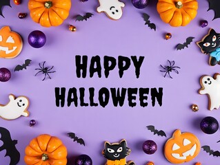 Happy Halloween Display with Pumpkins Cookies and Decorations on Purple Background