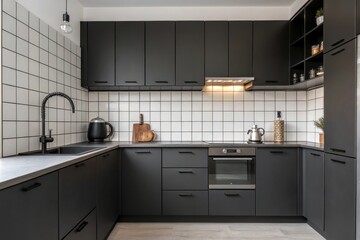 Fototapeta premium Modern Kitchen Layout with Matte Black Fixtures and Vintage Kettle on Tiled Wall