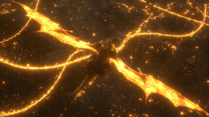 Fiery dragon with glowing wings soaring through a starry night sky.  Detailed view of the dragon's back and wings, with golden-orange flames and sparkling particles
