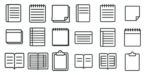 Set of white lined paper with a variety of shapes and sizes. Some are open books, some are notebooks, and some are clipboards