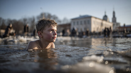 Fototapeta premium Vilnius, Lithuania - April 30, 2022: A boy bathes in icy water as part of cold therapy and mindfulness practice