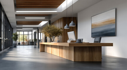 Modern office interior with wooden reception desk, large windows, pendant lights, abstract painting, and indoor plants create welcoming atmosphere