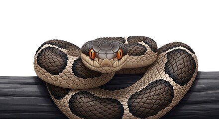 Fototapeta premium Mysterious Snake Coiling Dark Log Piercing Orange Eyes