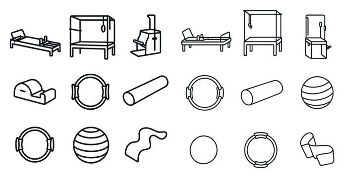 Series of fitness equipment and accessories are shown in a black and white drawing. The drawing conveys a sense of health and wellness, as well as the importance of staying active and fit