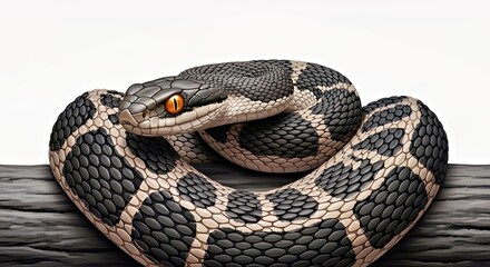 Obraz premium Striking Serpent Coiling Dark Wood Log Orange Eyes Stare