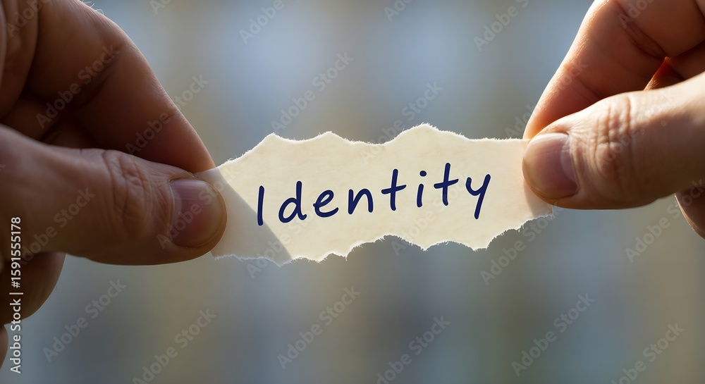 Fototapete torn paper with word “identity” representing concepts of self-discovery and personal growth