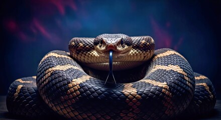 Fototapeta premium Mysterious Snake Sticking Out Tongue Coiled Dark Setting