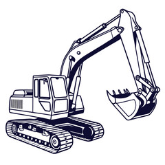 Dark blue excavator with articulated boom and bucket on tracks heavy machinery construction