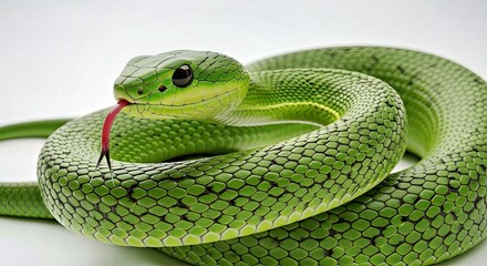 Fototapeta premium Intense Snake Portrait Tongue Out Coiled White Backdrop