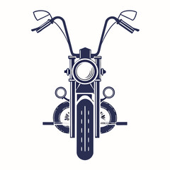 Dark blue motorcycle front view with tall handlebars and chrome accents vehicle