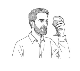 Vector illustration of a man holding a glass and contemplating with a neutral expression on transparent background