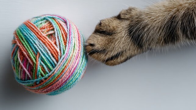 A cat's paw reaching for a colorful yarn ball