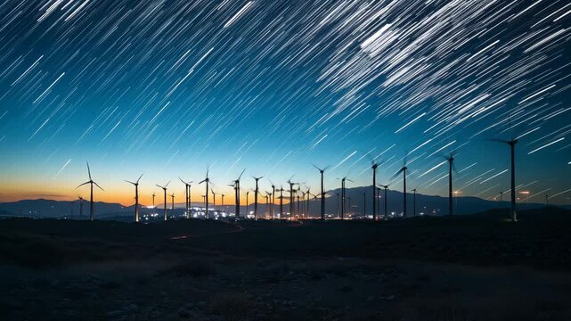 Night sky starfield Milky Way silhouette wind turbine landscape energy renewable dark peaceful rural scene bright sun rising green field rocky path under blue sky clouds
