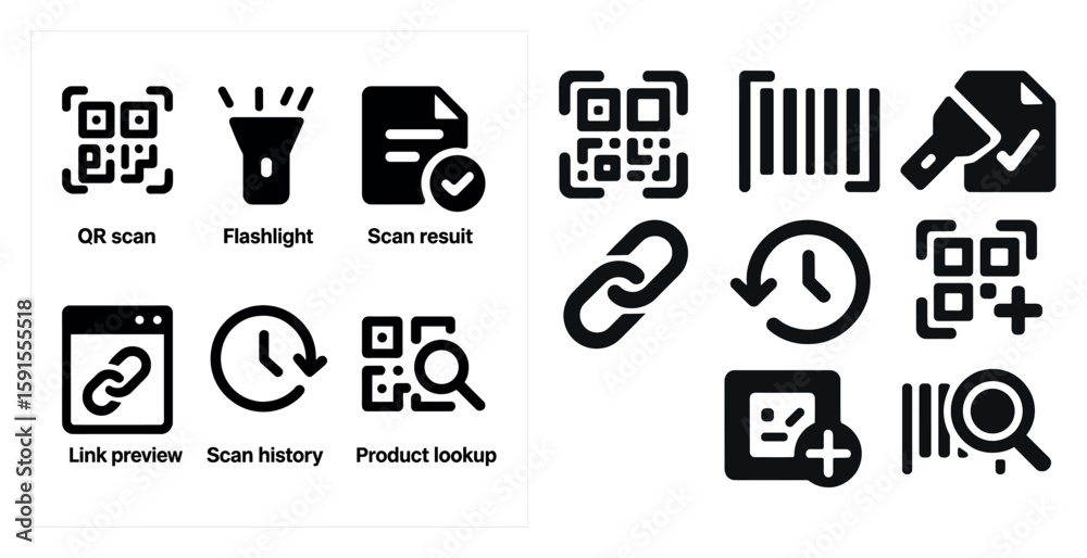 Fototapete set of icons for a mobile app that includes a flashlight, a clock, a magnifying glass, and a qr code