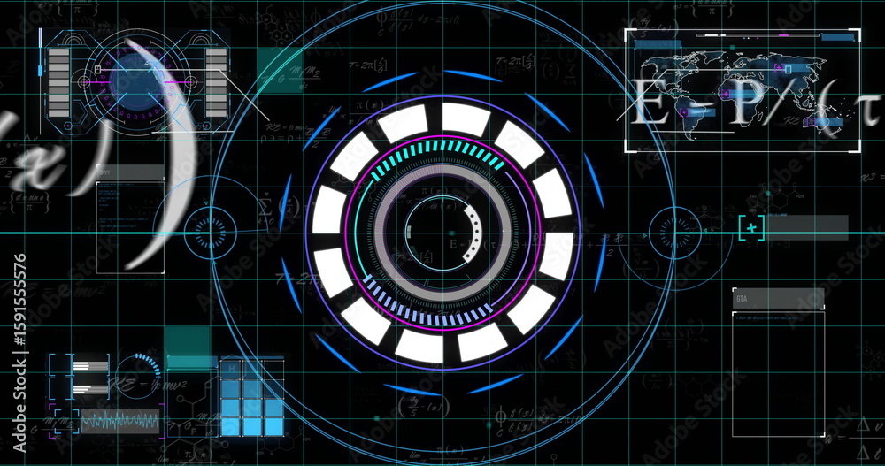 Poster futuristic hud interface displaying data in control room, with world map panel and waveform