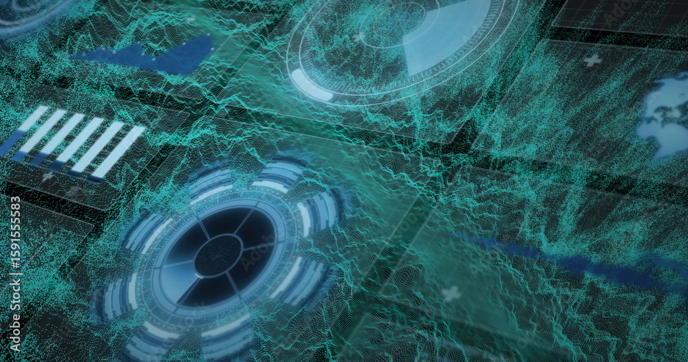Poster displaying teal wireframe mesh in cyberspace, with circular hud interfaces and data panels