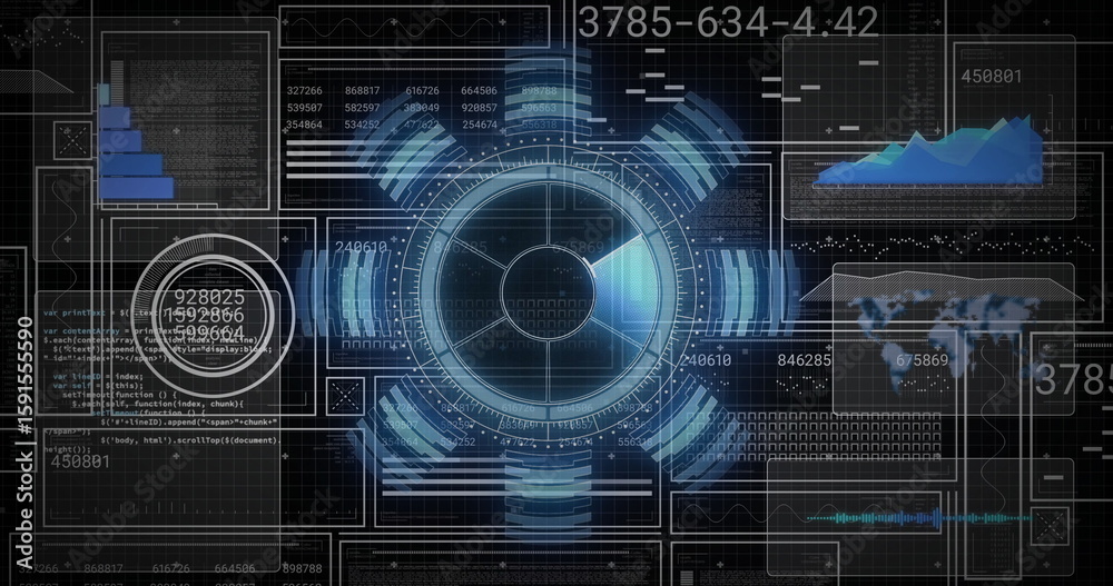 Poster Displaying central circular HUD emitting radial segments in dashboard, with code charts and map