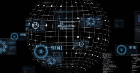 Rotating wireframe sphere in cyberspace interface, with holographic panels code snippets and charts