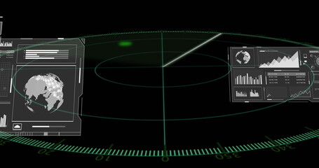 Rotating radar grid sweeping command HUD displaying globe with data charts and numeric readouts