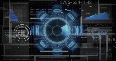 Displaying central circular HUD emitting radial segments in dashboard, with code charts and map