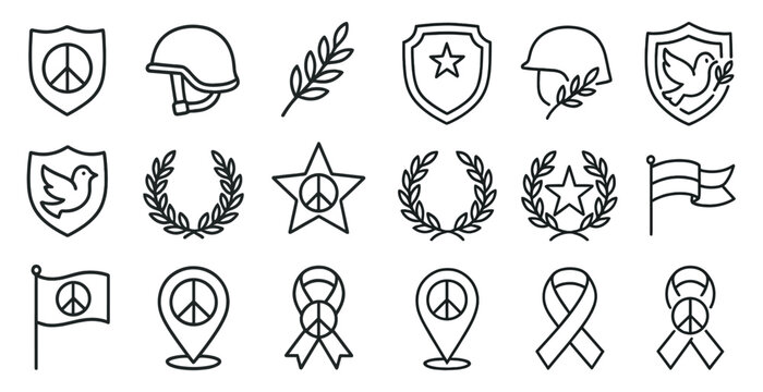 Peaceful symbols and flags. Peaceful symbols include a peace sign, a star, and a wreath. Flags include a peace flag, a red, white, and blue flag, and a green flag