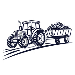 Dark blue tractor hauling produce trailer farm