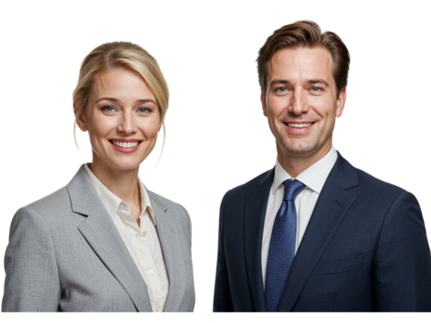 Professional business couple smiling together in formal attire isolated on transparent background