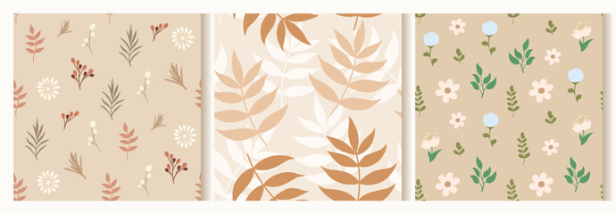 A set of floral seamless patterns made from simple plants of soft colors. Vector.
