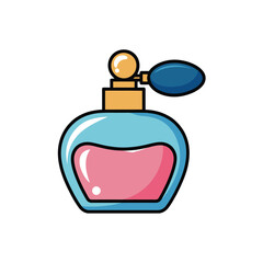 Vintage style perfume bottle with blue bulb atomizer and pink liquid