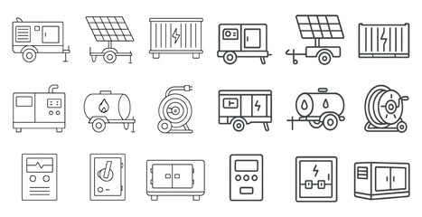 Fototapeta premium Series of black and white icons of various types of equipment, including generators, trucks, and other machinery