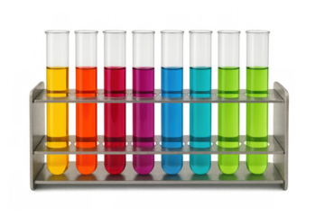 Colorful scientific glassware displaying rainbow-hued chemical liquids, representing research and experimental laboratory work