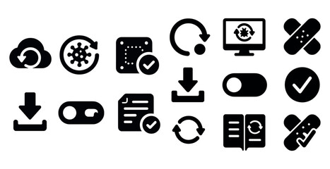 Set of icons that represent various functions and actions, such as a check mark for completion, a down arrow for undoing, a book for reading, and a box for selecting options