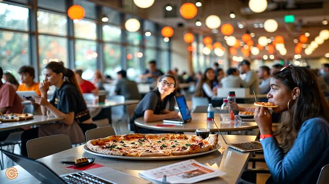 Busy caf? scene with students enjoying pizza together