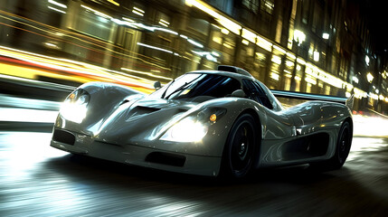 Sleek sports car speeding through a night city street. Blurry motion of lights, showcasing high speed and urban environment