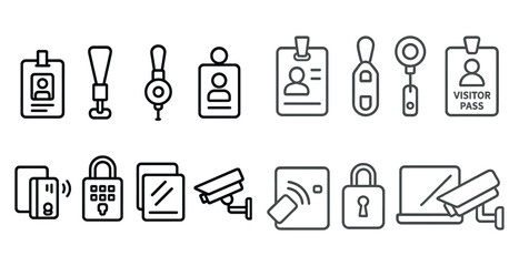 Set of icons for security and identification. The icons include a key, a camera, a visitor pass, and a laptop