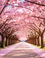 Pink cherry blossoms arching over a pathway