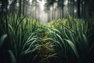Fresh Green Grass Path In Misty Forest