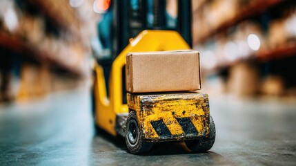 Forklift transporting box in warehouse aisle