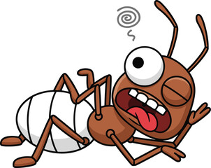 Exhausted cartoon ant lying on its back with dizzy swirl, humorously depicting fatigue, stress, overwork, or sickness in a whimsical, isolated vector illustration.
