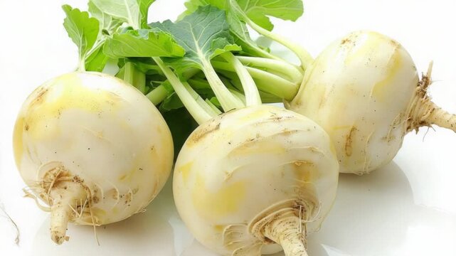 Fresh turnips with leaves on a clean white surface