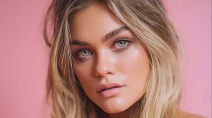 Naklejka premium Young woman with long blonde hair and blue eyes poses against a vibrant pink background showcasing her natural beauty and glowing skin in a captivating portrait