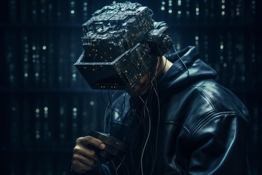 Cyberpunk hacker wearing futuristic virtual reality headset and holding controller, exploring cyberspace in a server room - Powered by Adobe