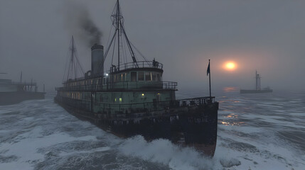 A vintage-style steamship navigating a frigid, misty sea.  Smoke billows from its stack, while waves crash around it.  Foggy, cold morning