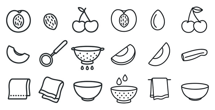 Series of fruit and kitchen utensils in a white background. The fruits include apples, cherries, and peaches. The utensils include a colander, a spoon, and a bowl
