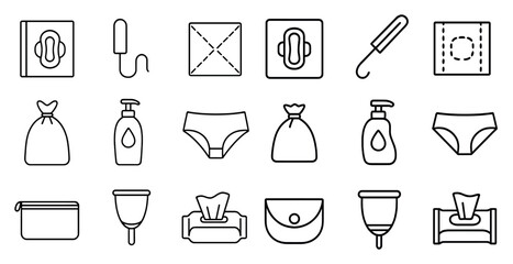 Set of icons for feminine hygiene products. The icons include a pad, a tampon, a bottle of lotion, a bottle of soap, a handbag, a purse, a book, a toilet, a bottle of perfume