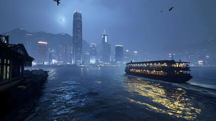 Misty night cityscape with ferry. Skyscrapers, hills, and a ferry glide along a river in a misty night scene. Lights from buildings and ferry illuminate the water