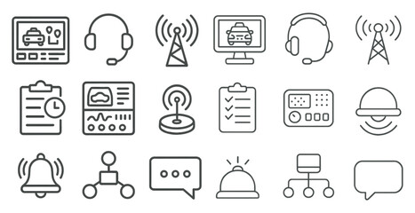 Set of icons for various communication devices and services. The icons include a microphone, a clock, a car, a computer, a cell phone, a computer mouse, a keyboard, a remote control, a headset