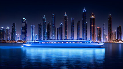 Luxurious illuminated boat glides on a calm waterway, passing a vibrant skyline of illuminated skyscrapers at night