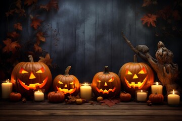 Carved pumpkins and candles create an eerie halloween atmosphere