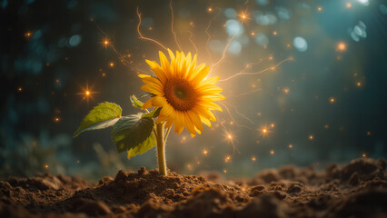 Vibrant sunflower blooming with magical sparkles in a serene nature setting at sunrise